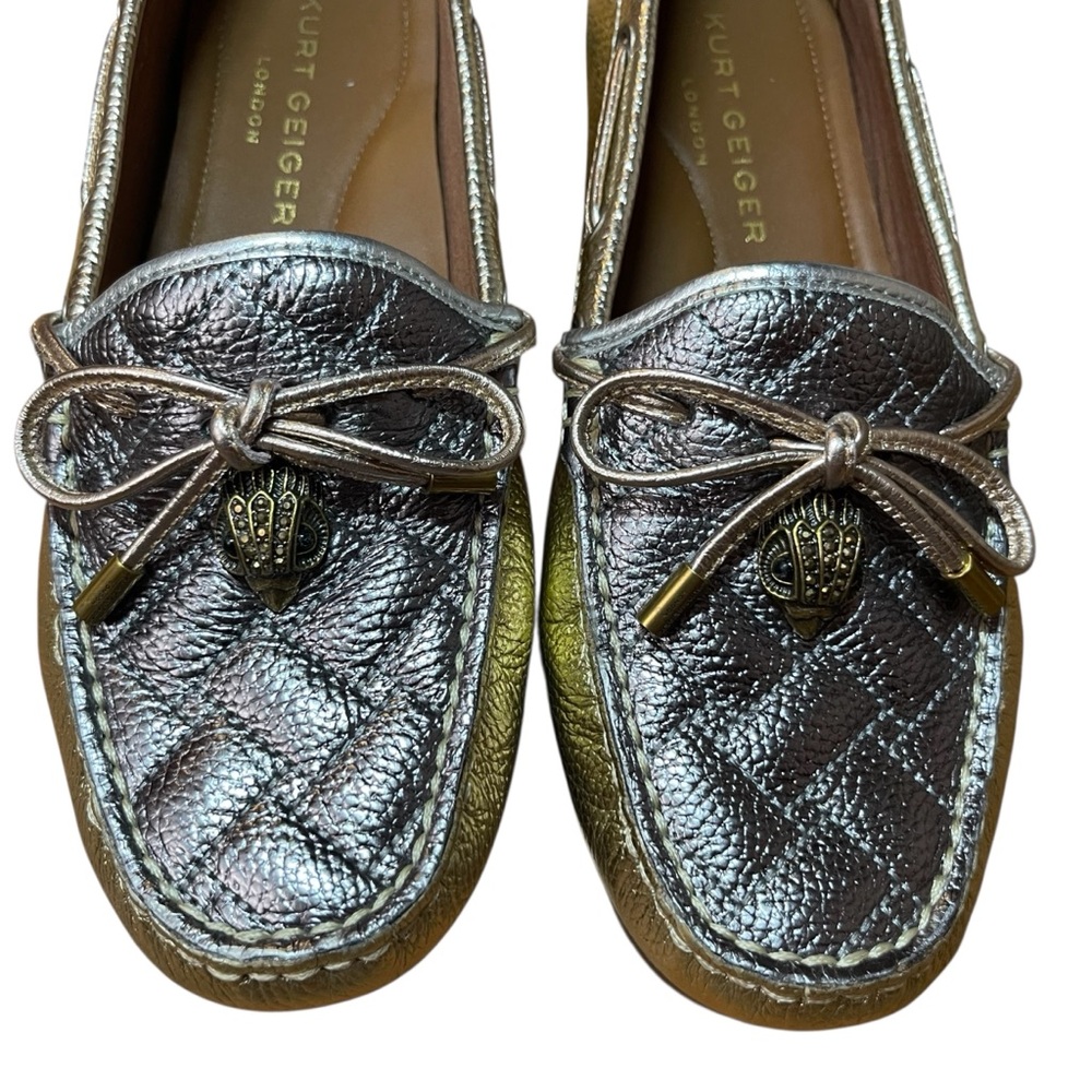 Kurt Geiger London Metallic Quilted Leather Loafers Crown Charm Bow Moccasins - Picture 2 of 16